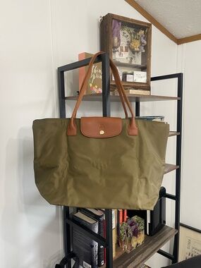 Olive Green Nylon Tote with Brown Leather Trim - LIKE NEW